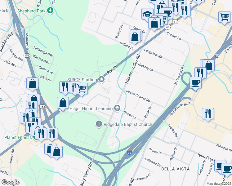 map of restaurants, bars, coffee shops, grocery stores, and more near 6709 Briana Way in Chattanooga