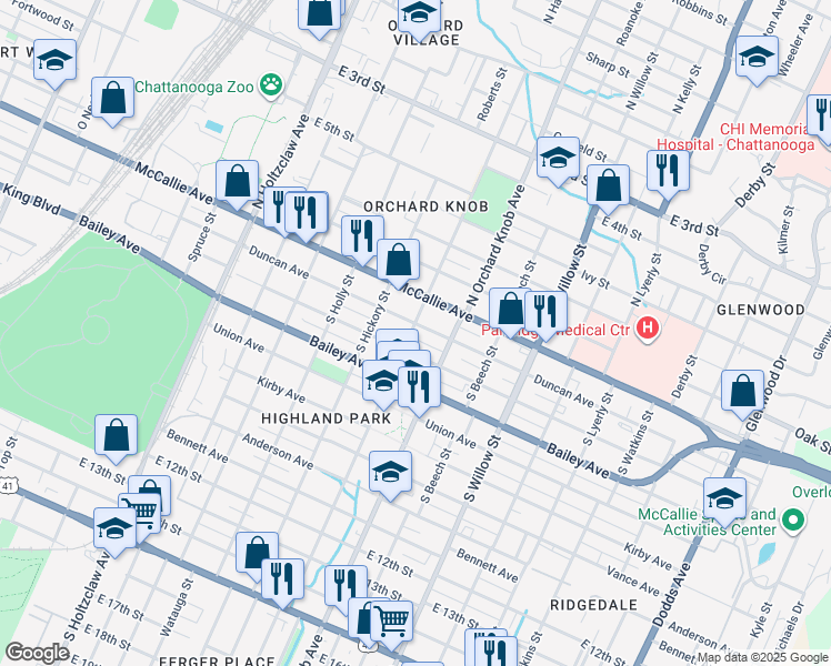 map of restaurants, bars, coffee shops, grocery stores, and more near 1800 Duncan Avenue in Chattanooga