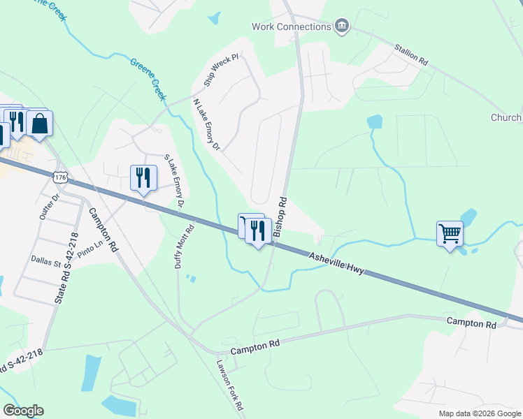 map of restaurants, bars, coffee shops, grocery stores, and more near 214 Highland Springs Loop in Inman