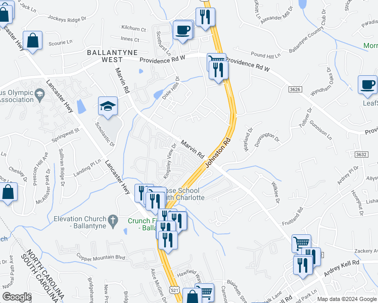 map of restaurants, bars, coffee shops, grocery stores, and more near 15834 Marvin Road in Charlotte