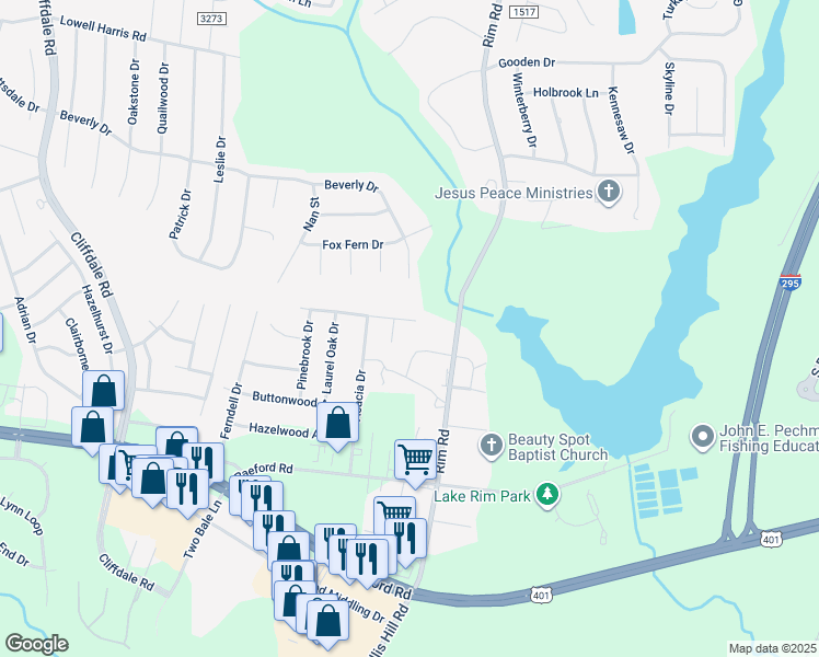 map of restaurants, bars, coffee shops, grocery stores, and more near 7713 Redwood Avenue in Fayetteville
