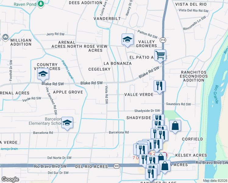 map of restaurants, bars, coffee shops, grocery stores, and more near 1801 Val Verde Road Southwest in Albuquerque