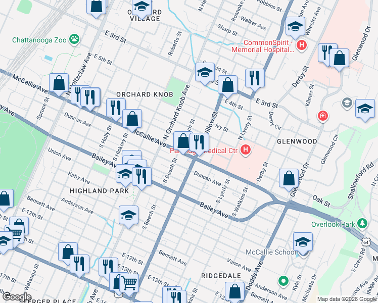 map of restaurants, bars, coffee shops, grocery stores, and more near 2010 Oak Street in Chattanooga