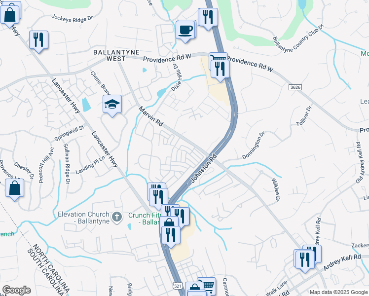 map of restaurants, bars, coffee shops, grocery stores, and more near 15641 Castle Watch Avenue in Charlotte