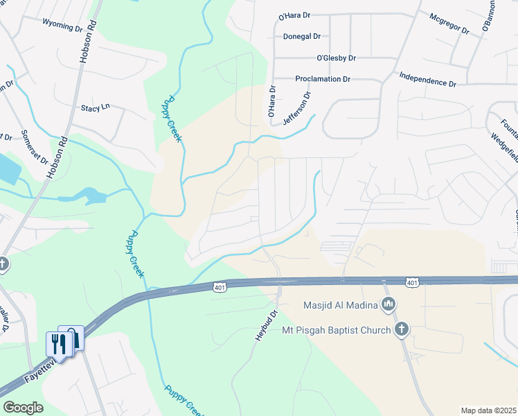 map of restaurants, bars, coffee shops, grocery stores, and more near 414 Bedford Drive in Raeford