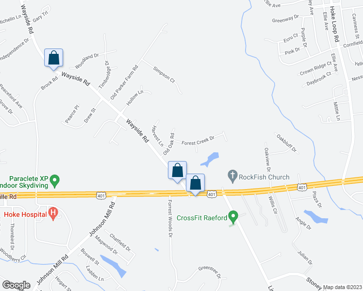 map of restaurants, bars, coffee shops, grocery stores, and more near 106 Forest Creek Drive in Raeford