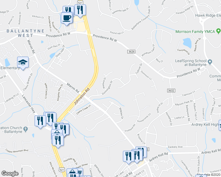 map of restaurants, bars, coffee shops, grocery stores, and more near 15555 Donnington Drive in Charlotte