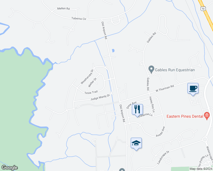 map of restaurants, bars, coffee shops, grocery stores, and more near 2905 Tesie Trail in New Bern
