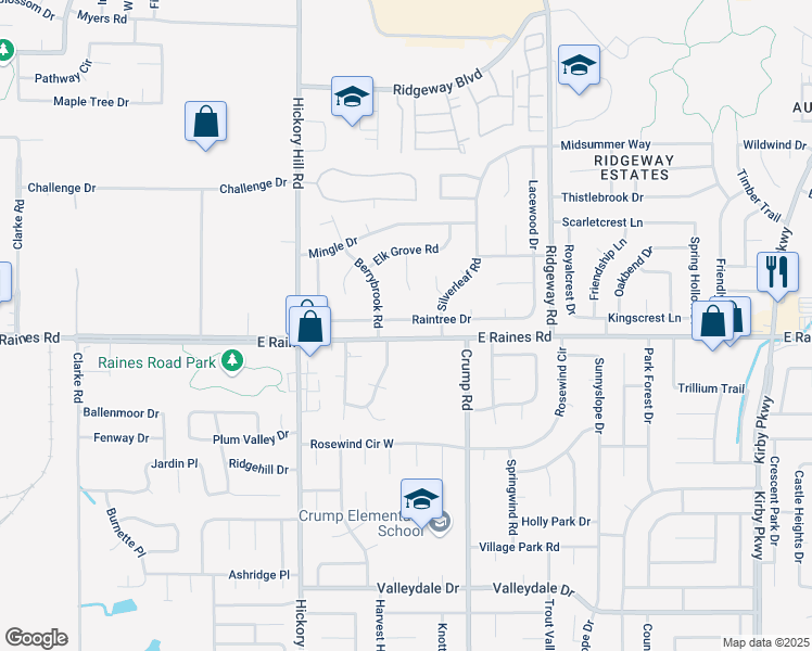map of restaurants, bars, coffee shops, grocery stores, and more near 6033 Raintree Drive in Memphis