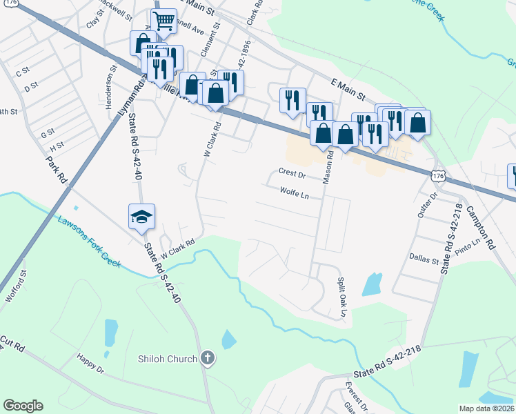 map of restaurants, bars, coffee shops, grocery stores, and more near 123 Strawberry Drive in Inman