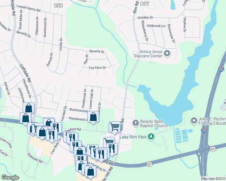 map of restaurants, bars, coffee shops, grocery stores, and more near 7713 Redwood Avenue in Fayetteville