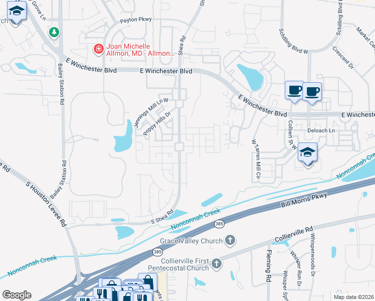 map of restaurants, bars, coffee shops, grocery stores, and more near 1245 East Winchester Boulevard in Collierville