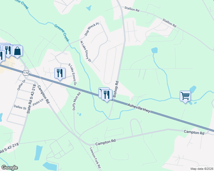map of restaurants, bars, coffee shops, grocery stores, and more near 214 Highland Springs Loop in Inman