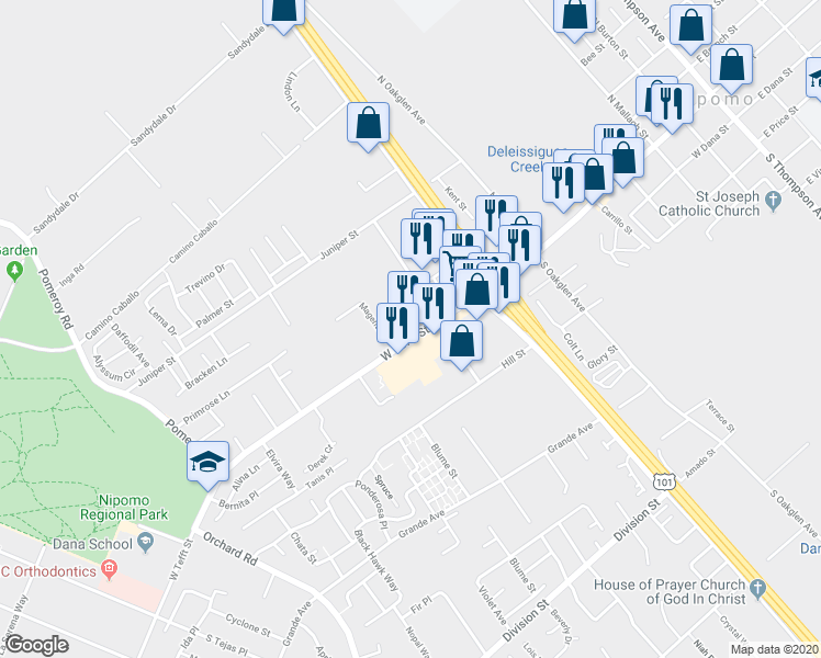 map of restaurants, bars, coffee shops, grocery stores, and more near 626 West Tefft Street in Nipomo