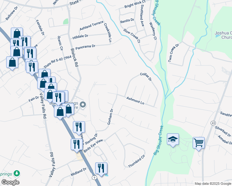 map of restaurants, bars, coffee shops, grocery stores, and more near 499 Gorham Drive in Boiling Springs