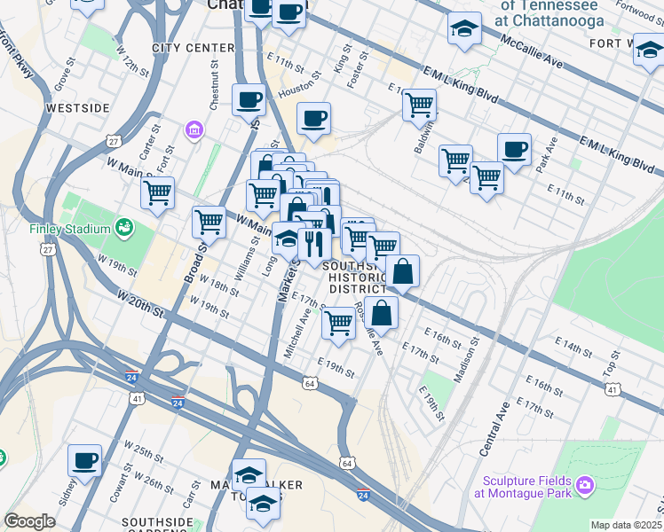 map of restaurants, bars, coffee shops, grocery stores, and more near 32 East Main Street in Chattanooga