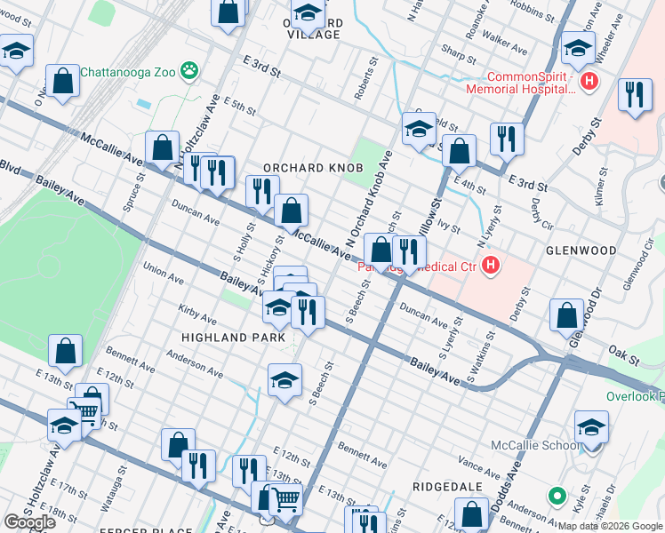 map of restaurants, bars, coffee shops, grocery stores, and more near 1815 Duncan Avenue in Chattanooga