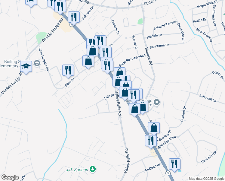 map of restaurants, bars, coffee shops, grocery stores, and more near 8907 Valley Falls Road in Boiling Springs
