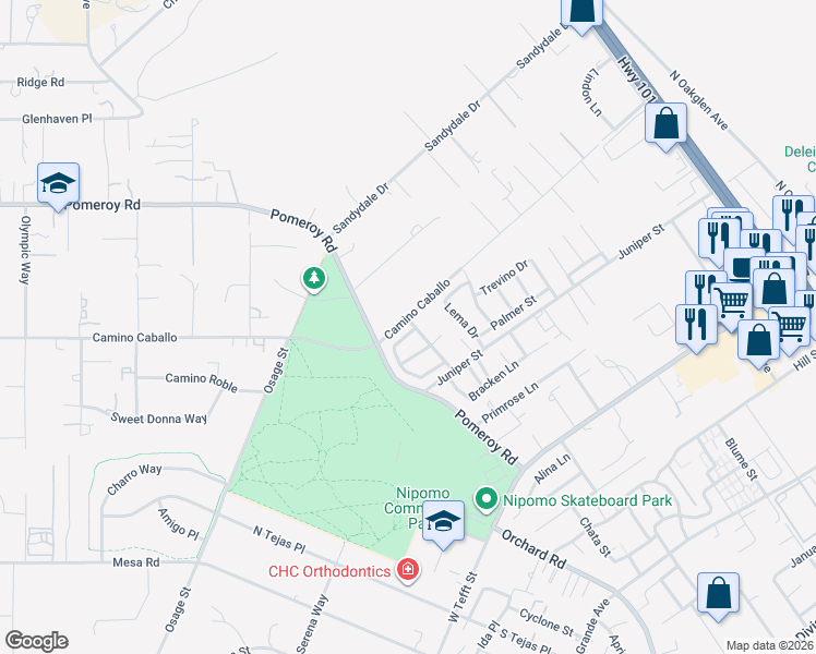 map of restaurants, bars, coffee shops, grocery stores, and more near 315 Alyssum Circle in Nipomo