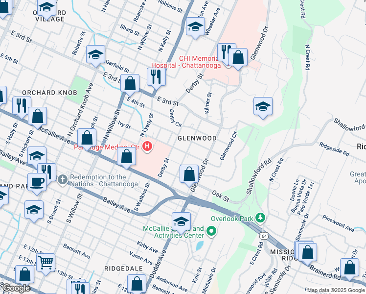map of restaurants, bars, coffee shops, grocery stores, and more near 2407 Ivy Street in Chattanooga