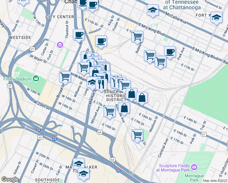 map of restaurants, bars, coffee shops, grocery stores, and more near in Chattanooga