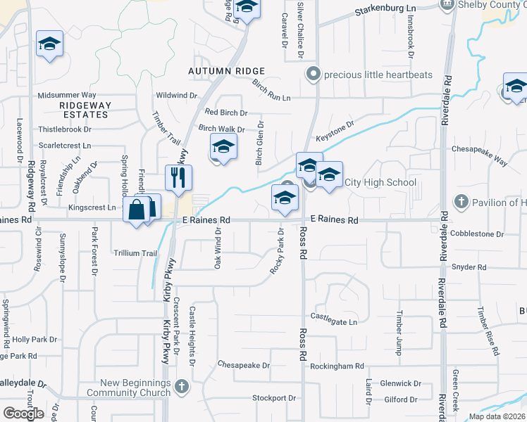 map of restaurants, bars, coffee shops, grocery stores, and more near 4125 Garden Birch Cove in Memphis