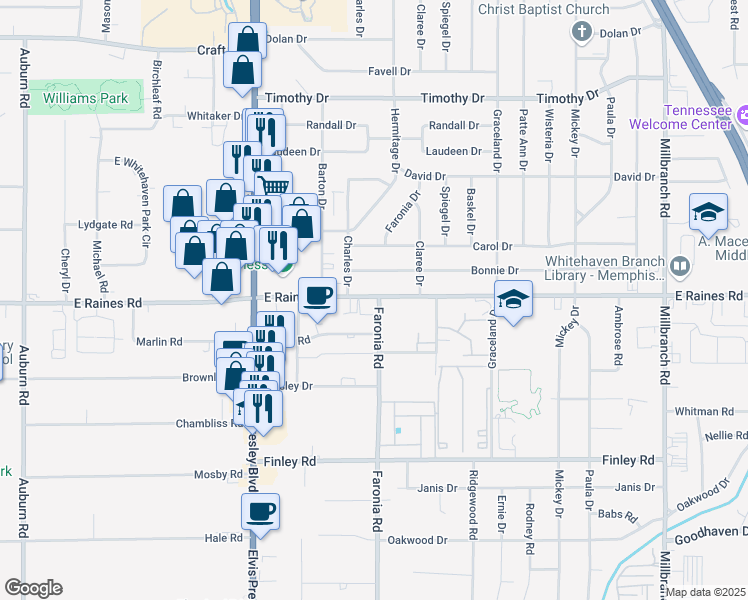 map of restaurants, bars, coffee shops, grocery stores, and more near 1327 East Raines Road in Memphis