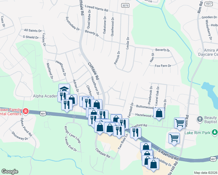 map of restaurants, bars, coffee shops, grocery stores, and more near 1528 Heartland Drive in Fayetteville