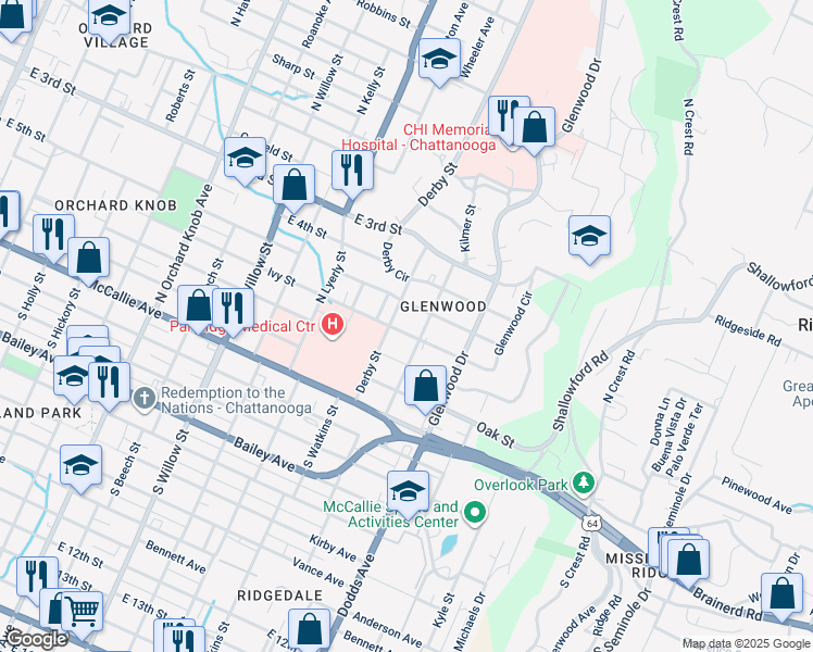 map of restaurants, bars, coffee shops, grocery stores, and more near 2407 Ivy Street in Chattanooga