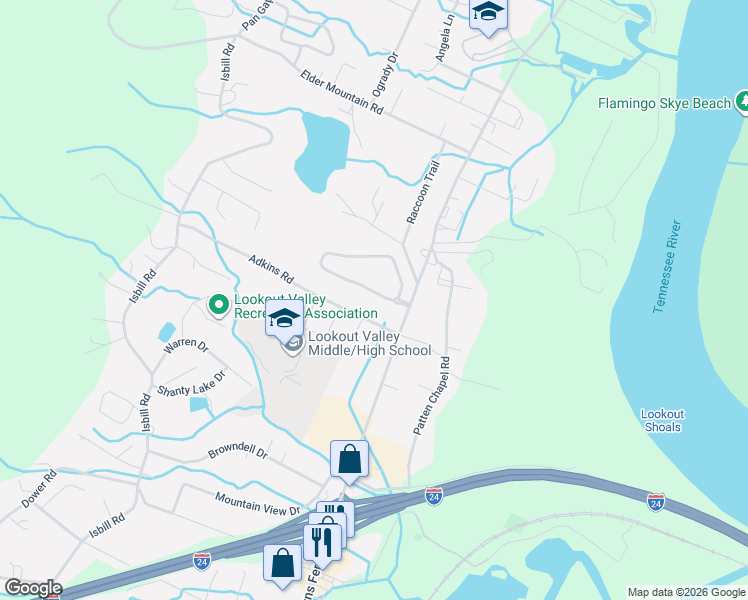 map of restaurants, bars, coffee shops, grocery stores, and more near 3392 Willow Lake Circle in Chattanooga