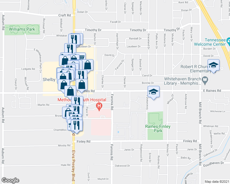 map of restaurants, bars, coffee shops, grocery stores, and more near 1327 East Raines Road in Memphis
