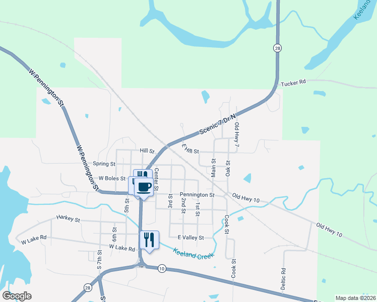 map of restaurants, bars, coffee shops, grocery stores, and more near 312 East Hill Street in Ola