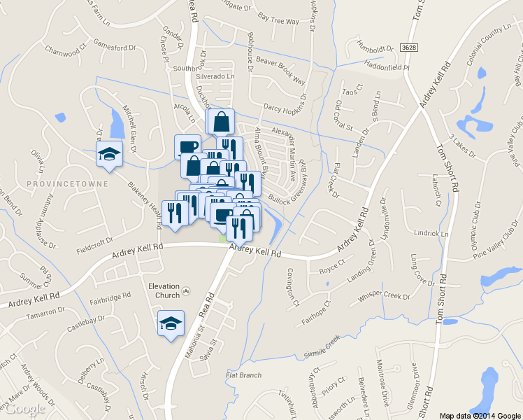 map of restaurants, bars, coffee shops, grocery stores, and more near 9819 Rea Road in Charlotte