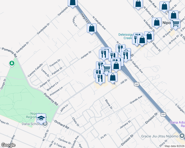 map of restaurants, bars, coffee shops, grocery stores, and more near 650 Oak Terrace Lane in Nipomo
