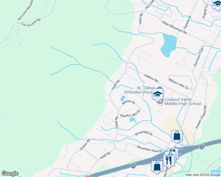 map of restaurants, bars, coffee shops, grocery stores, and more near 355 Isbill Road in Chattanooga