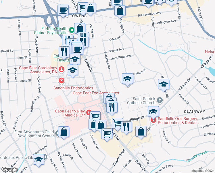map of restaurants, bars, coffee shops, grocery stores, and more near 525 Terry Circle in Fayetteville