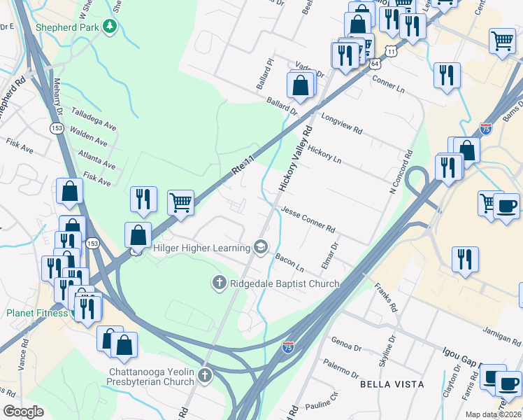 map of restaurants, bars, coffee shops, grocery stores, and more near 6717 Briana Way in Chattanooga