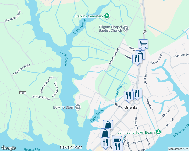 map of restaurants, bars, coffee shops, grocery stores, and more near 706 Warren Drive in Oriental