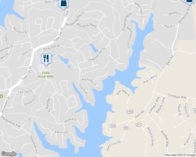 map of restaurants, bars, coffee shops, grocery stores, and more near 920 Rocky Point Lane in Tega Cay
