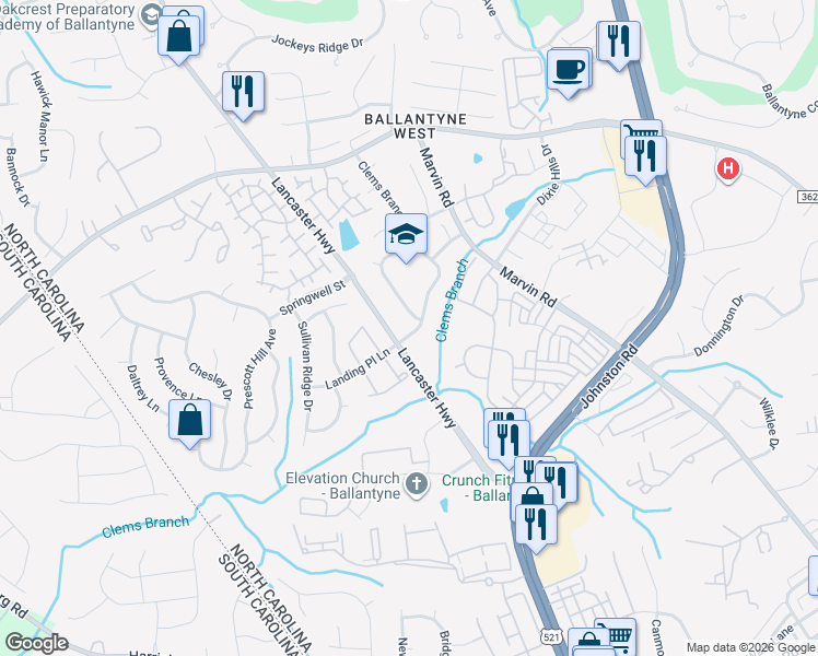 map of restaurants, bars, coffee shops, grocery stores, and more near 11926 Clems Branch Drive in Charlotte