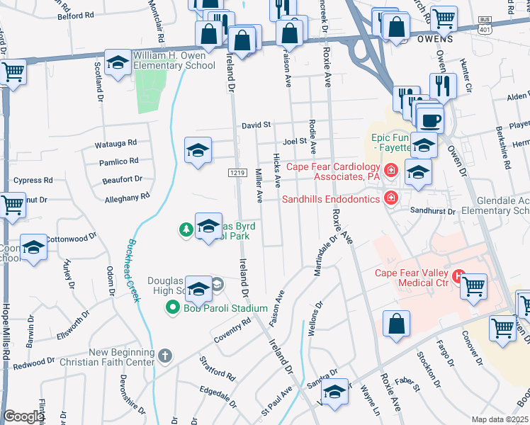 map of restaurants, bars, coffee shops, grocery stores, and more near 807 Miller Avenue in Fayetteville