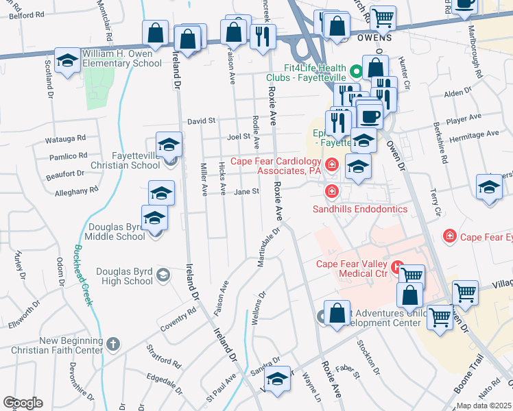 map of restaurants, bars, coffee shops, grocery stores, and more near 806 Rodie Avenue in Fayetteville