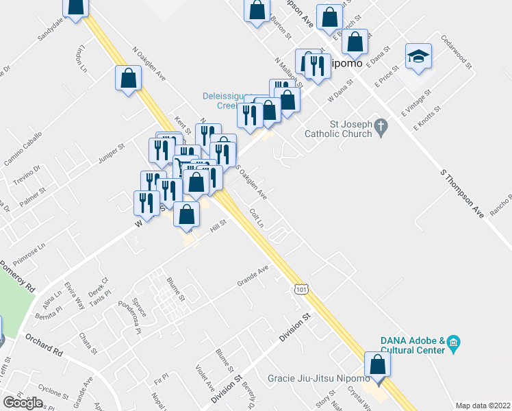 map of restaurants, bars, coffee shops, grocery stores, and more near 427 Souza Drive in Nipomo