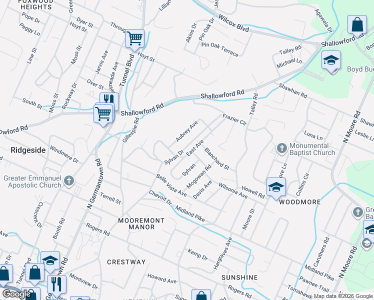 map of restaurants, bars, coffee shops, grocery stores, and more near 811 Sylvan Drive in Chattanooga