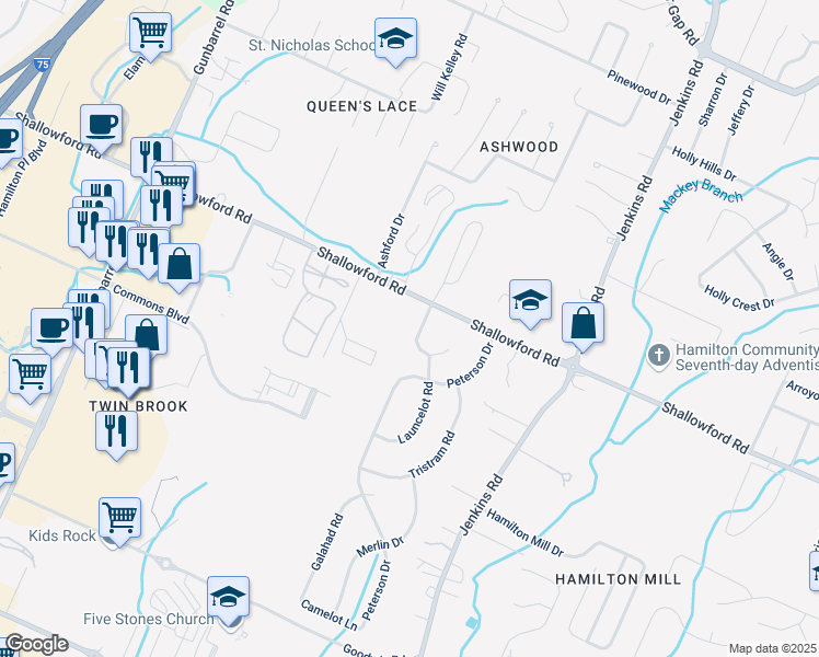map of restaurants, bars, coffee shops, grocery stores, and more near 2320 Guinevere Parkway in Chattanooga