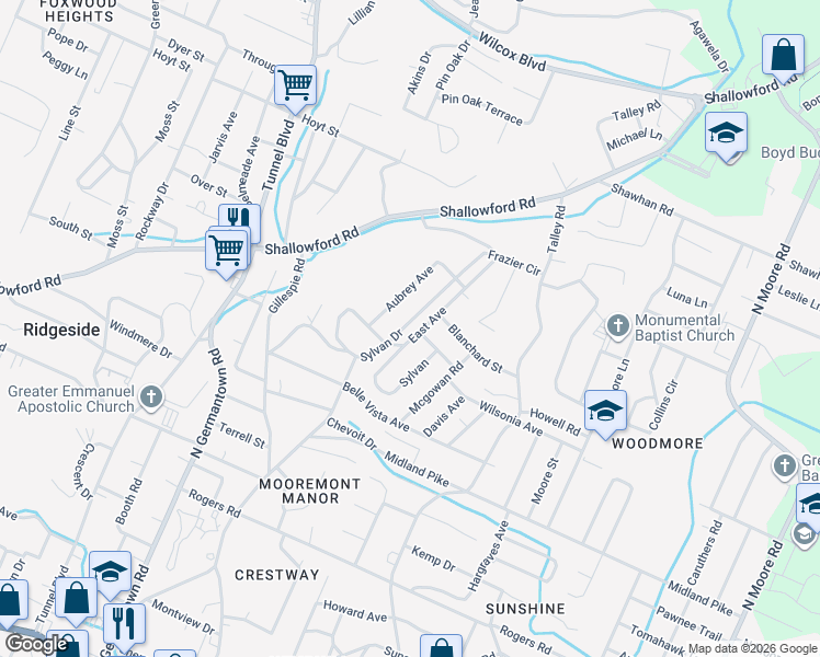 map of restaurants, bars, coffee shops, grocery stores, and more near 810 Sylvan Drive in Chattanooga