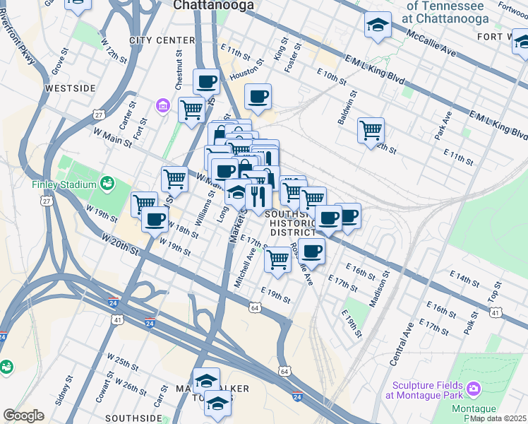 map of restaurants, bars, coffee shops, grocery stores, and more near 32 East Main Street in Chattanooga