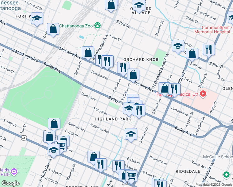 map of restaurants, bars, coffee shops, grocery stores, and more near 1602 Chamberlain Avenue in Chattanooga