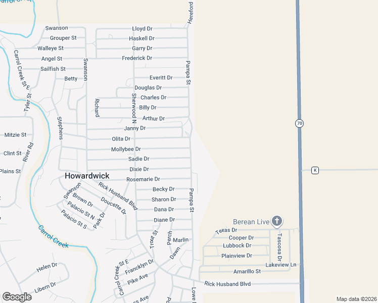 map of restaurants, bars, coffee shops, grocery stores, and more near Pampa Street in Howardwick