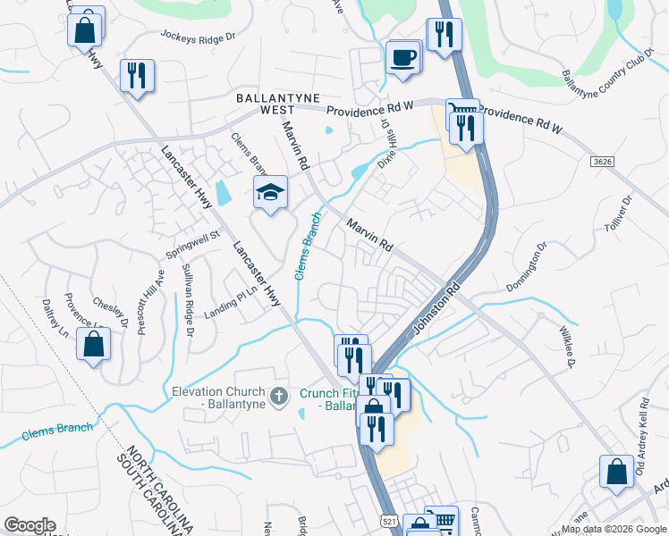 map of restaurants, bars, coffee shops, grocery stores, and more near 12113 Royal Castle Court in Charlotte